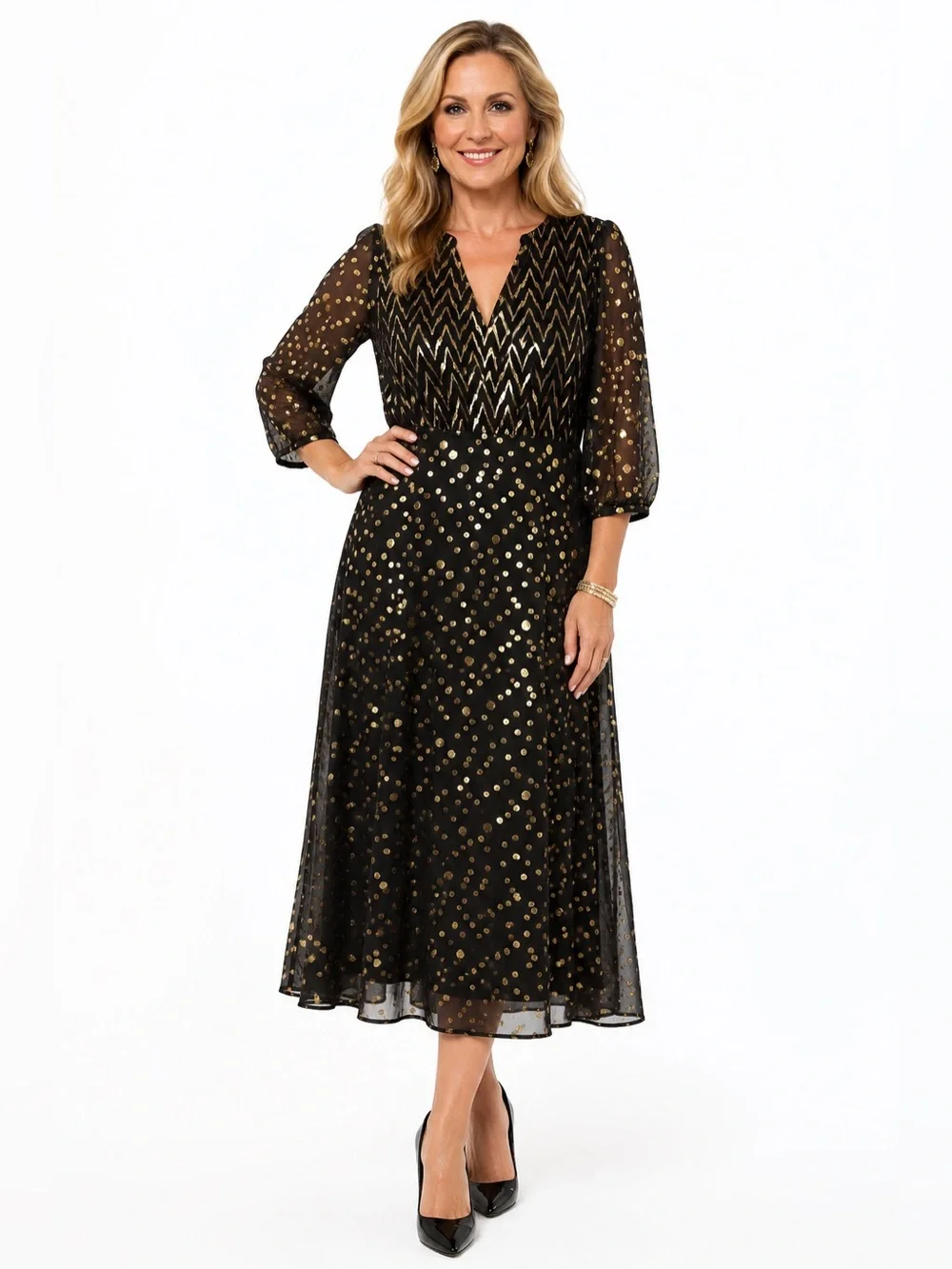 Emily Lovelock Valentine Metallic Chevron Midi Dress NWT Black Gold Large